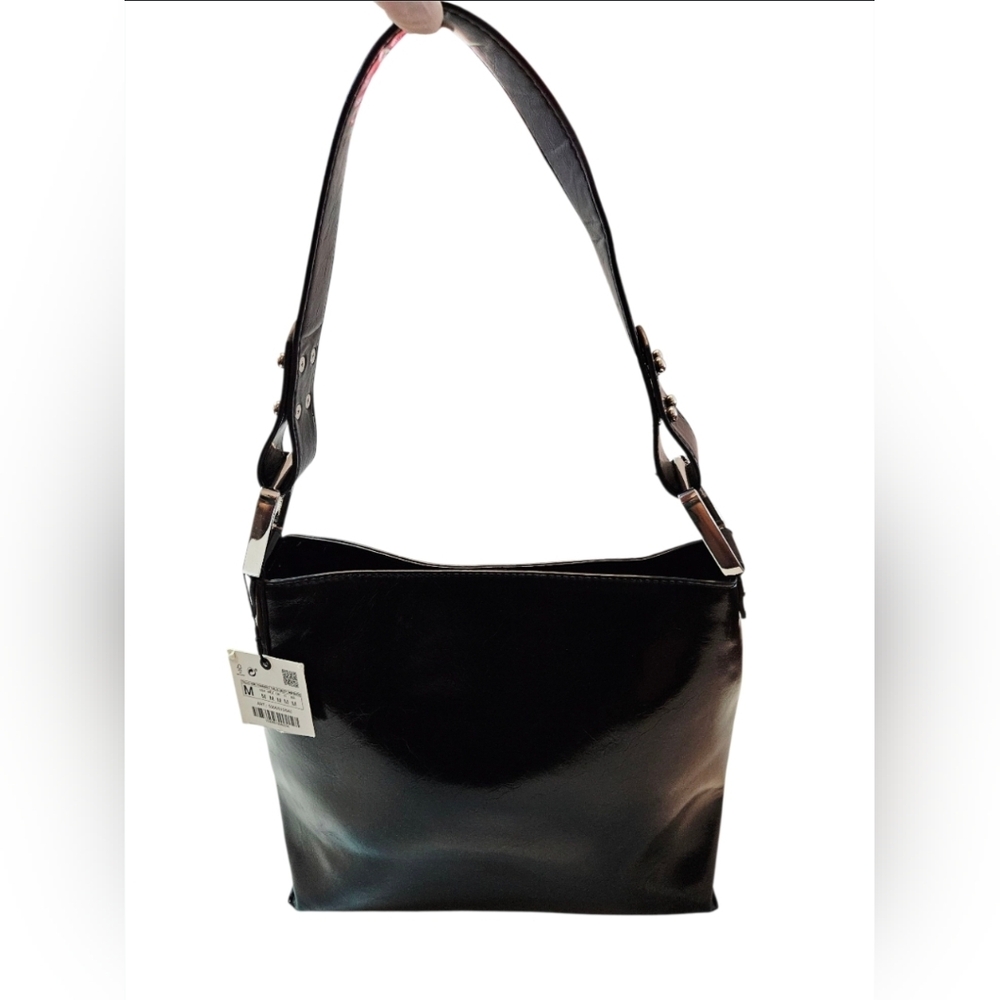 ZARA Black Vegan Leather Medium Shoulder Bag Studded Bottom Handbag Purse NWT